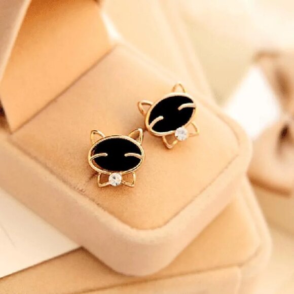 Private Label Jewelry - NEW 18K Gold Plated Black Enamel Kitty Cat Bowtie Stud Earrings
